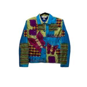 VTG Womens Button Down Jacket Silk Size L Patchwork Butterfly Art To Wear Artsy